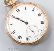 A George V 9ct gold open faced keyless lever pocket watch, case diameter 48mm,gross weight 74.1