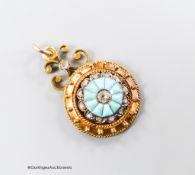 A Victorian yellow metal, turquoise and rose cut diamond set 'wheel' pendant, 16mm, gross weight 3.