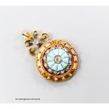 A Victorian yellow metal, turquoise and rose cut diamond set 'wheel' pendant, 16mm, gross weight 3.