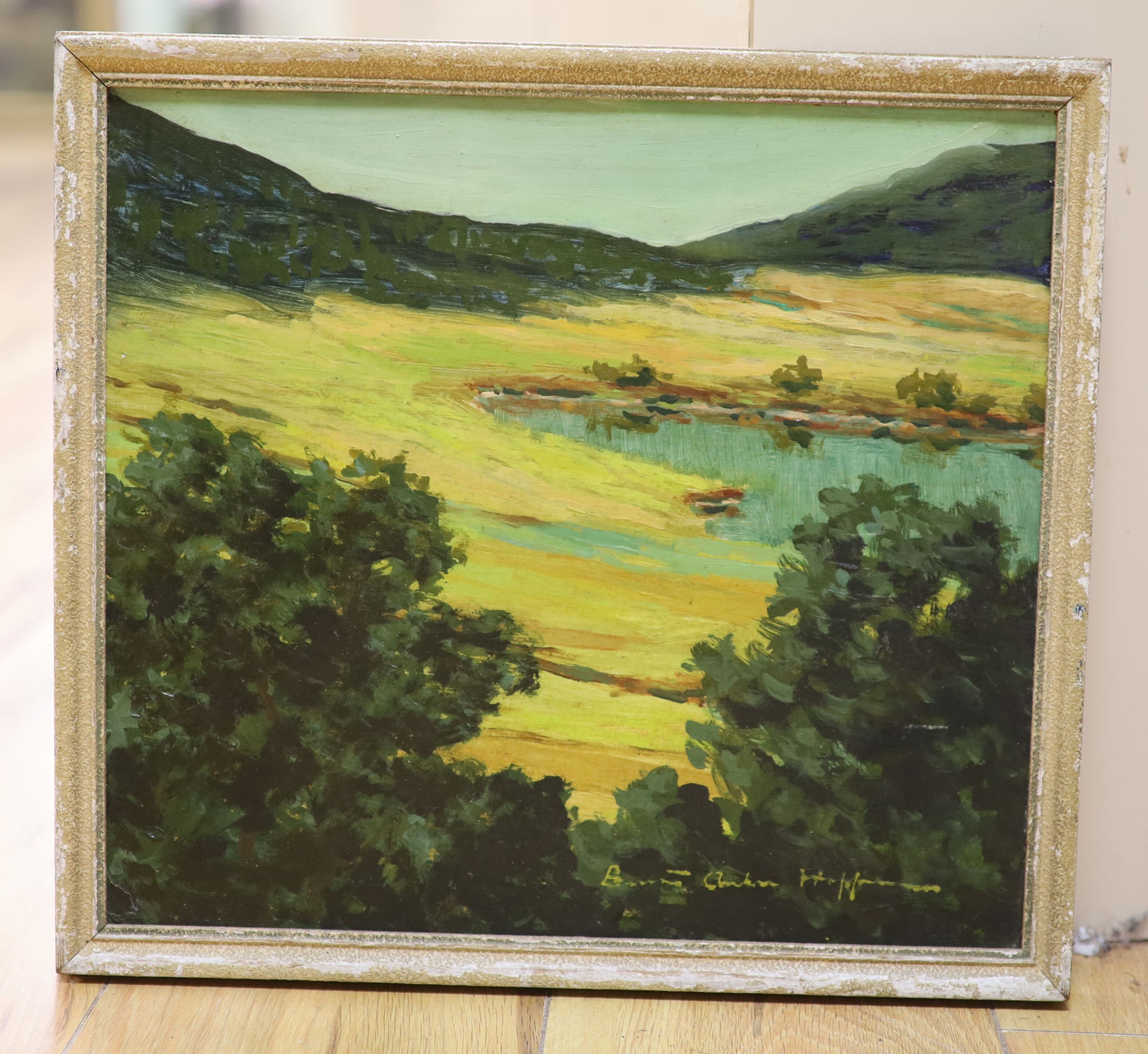 B. Anton Hoffmann, oil on card, Landscape with lake and trees, signed, 30 x 33cm. - Image 2 of 3