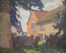 English school circa 1920, oil on board, man carrying a sack beside a house, 50 x 60 cm.