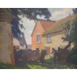 English school circa 1920, oil on board, man carrying a sack beside a house, 50 x 60 cm.