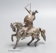 A modern free standing cast silver model of a Knight on horseback, SMD Castings, London, 1972,