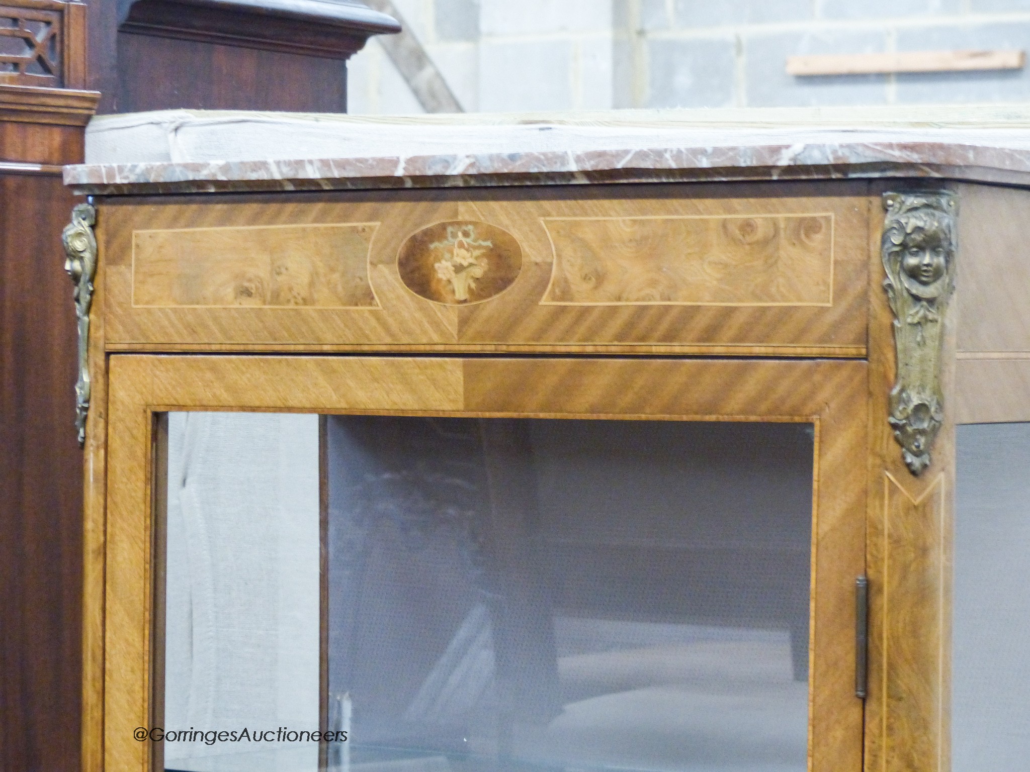 A late 19th century Louis XV style vitrine, with a shaped marble top above a single glazed panelled - Image 3 of 4