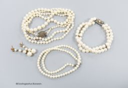 A long single strand graduated cultured pearl necklace, with marcasite clasp, 90cm, one other