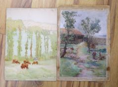 Two small unframed watercolours; Margaret Isabel Chilton ‘Cornish Elms’ and E.Gaddes, farmer beside