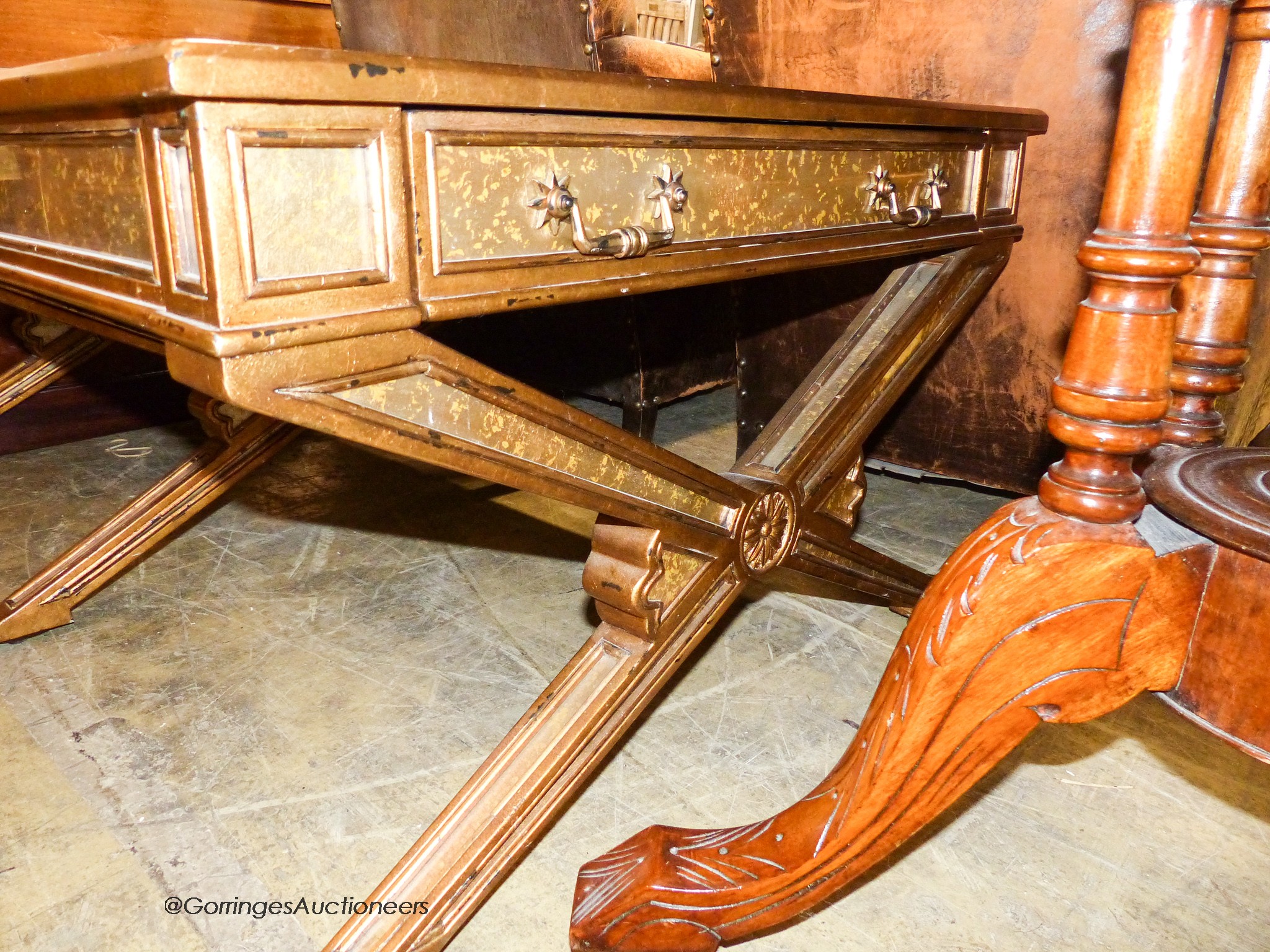 An Italian style gilt and glass 'X' frame coffee table fitted end drawers, length 132cm, depth - Image 6 of 6