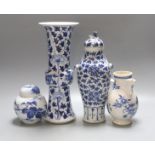 Two 19th century Chinese blue and white vases, an 18th Century blue and white jug and a later jar