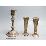 A George V silver mounted candlestick, William Hutton & Sons, Sheffield, 1912, height 20.5cm,