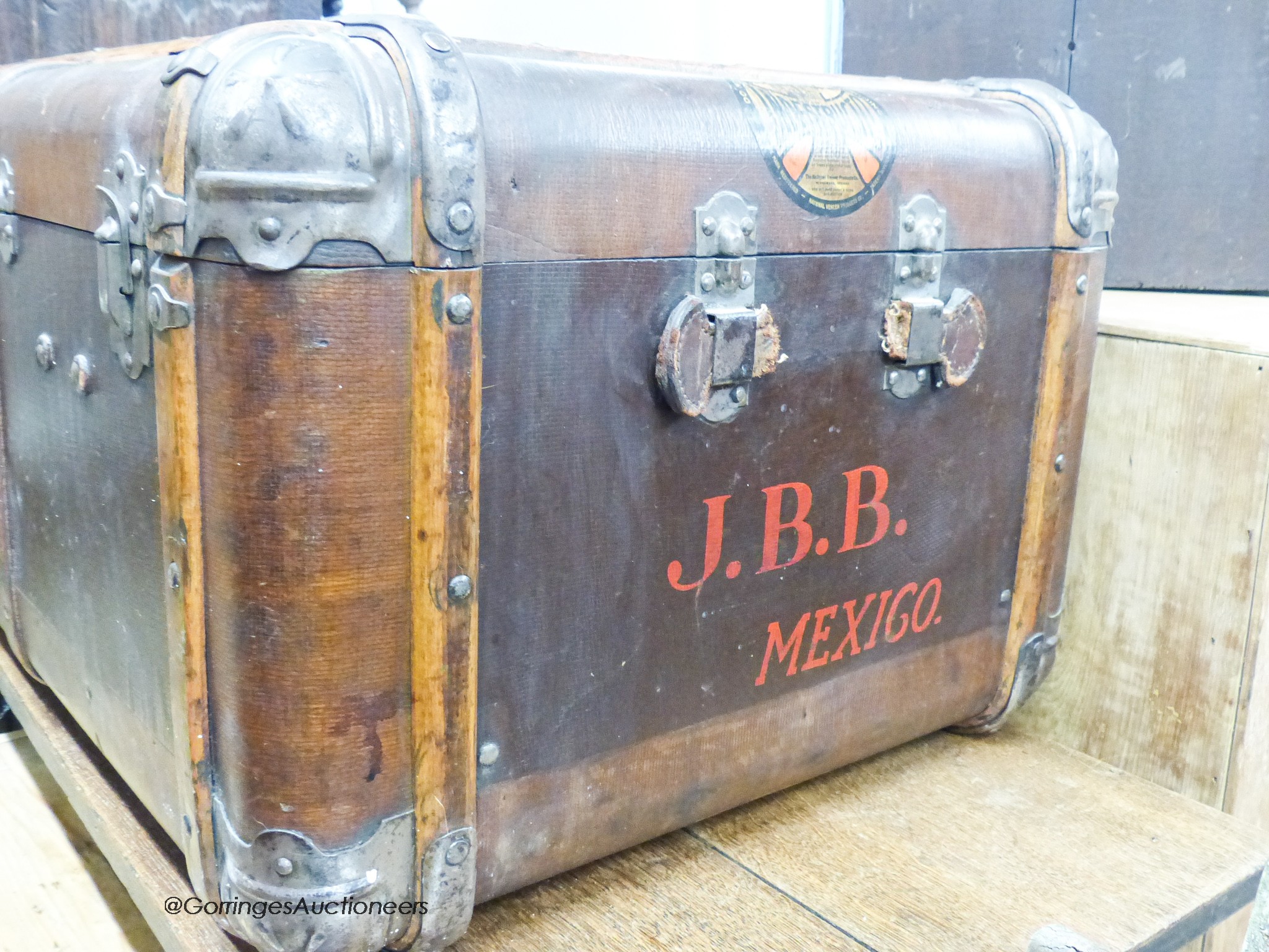 A vintage wood bound travelling trunk, length 102cm, depth 60cm, height 43cm - Image 2 of 5