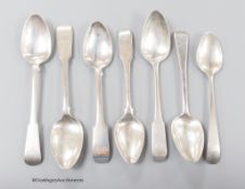 Seven 19th century Scottish provincial silver teaspoons, Old English or fiddle patterns, all