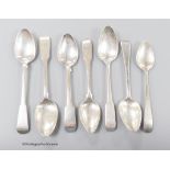Seven 19th century Scottish provincial silver teaspoons, Old English or fiddle patterns, all