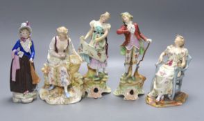 A group of five mixed Continental figures, tallest 20cm