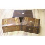A Victorian rosewood writing box and two Victorian walnut and parquetry boxes
