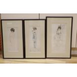 Three Continental coloured drypoint etchings, signed, circa 1913, posing young ladies, largest 39 x