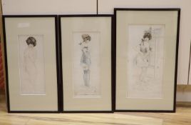 Three Continental coloured drypoint etchings, signed, circa 1913, posing young ladies, largest 39 x