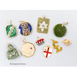 A small collection of ten assorted mainly yellow metal and gem set pendants including a red enamel