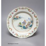 A Chinese Export famille rose plate, Qianlong period,with waved edge, polychrome-decorated with a