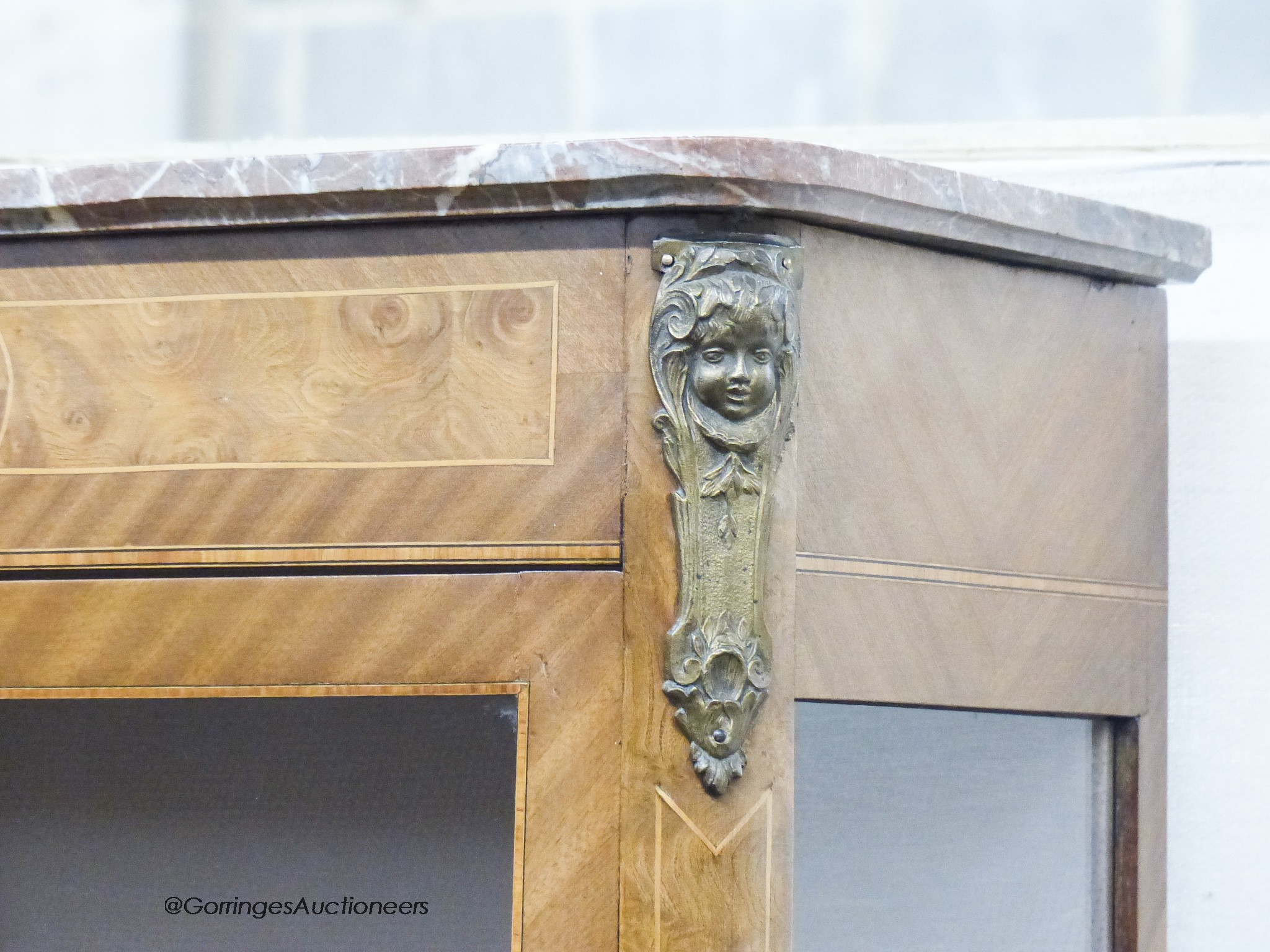 A late 19th century Louis XV style vitrine, with a shaped marble top above a single glazed panelled - Image 4 of 4