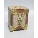 A Chinese chest with carved jade panels and brass mounting, 18 x 14cm