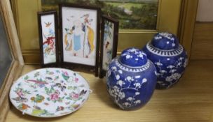 A Chinese miniature porcelain screen, a pair of jars, plate and folio of woodblock prints