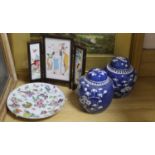 A Chinese miniature porcelain screen, a pair of jars, plate and folio of woodblock prints