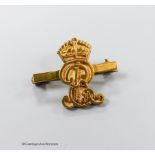 A 9ct commemorative monogram and coronet bar brooch, width 25mm, 4.3 grams.