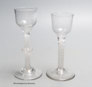 Two Georgian opaque twist stem cordial glasses, each with a funnel bowl, one engraved C B with dove
