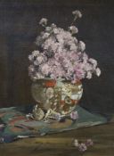 William Wills (19th C.), oil on canvas, Still life of flowers in a Satsuma bowl, signed and dated