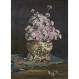 William Wills (19th C.), oil on canvas, Still life of flowers in a Satsuma bowl, signed and dated