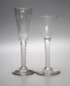 Two Georgian opaque twist stem ale glasses, c.1765