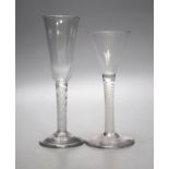 Two Georgian opaque twist stem ale glasses, c.1765