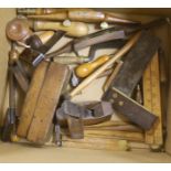 Carpenters tools: brass and mahogany set squares, rulers, small hammers etc.