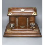 A Victorian brass bound oak combination stationary box / inkstand, width 36cm