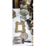 Mixed metalware including copper, an Art Nouveau style frame etc