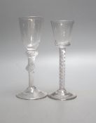 Two Georgian air twist stem cordial glasses, c.1750