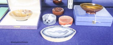 Two Chinese agate bowls, width 10cm and 4 other agate pieces