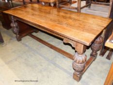 An Elizabethan style rectangular oak refectory dining table, width 198cm, depth 77cm, height 78cm