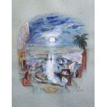 IW after Turner, watercolour, Egyptianesque harbour scene, monogrammed, 14 x 11cm.