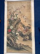 A Chinese scroll painting of birds amid rockwork and chrysanthemums, 19th/20th centuryImage 165 cm