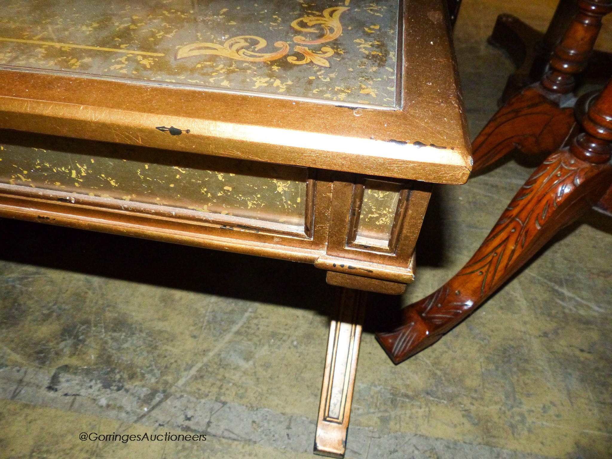 An Italian style gilt and glass 'X' frame coffee table fitted end drawers, length 132cm, depth - Image 5 of 6