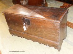 A late 17th / early 18th century small oak six-plank coffer, length 92cm, depth 34cm, height 49cm