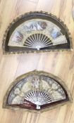 Two late 18th/19th century French gesso framed fans with mother of pearl inlaid ivory sticks and