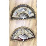 Two late 18th/19th century French gesso framed fans with mother of pearl inlaid ivory sticks and