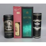 Four assorted malt whiskies: Johnny Walker Green Label, Robert Burns Bi-Centenary, specially
