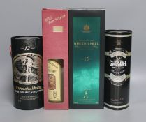 Four assorted malt whiskies: Johnny Walker Green Label, Robert Burns Bi-Centenary, specially