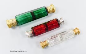 A late 19th century white metal mounted ruby glass decagonal double ended scent bottle, 12cm and