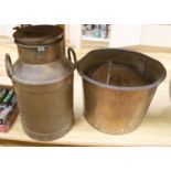 A copper pan and a milk churn, height 53cm