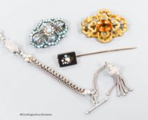 A George V silver albertina, 27cm, an Edwardian yellow metal and citrine brooch, a turquoise and