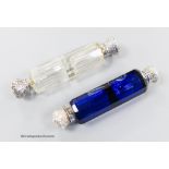 A late Victorian white metal mounted decagonal blue glass double ended scent bottle, 12.3cm (chip)